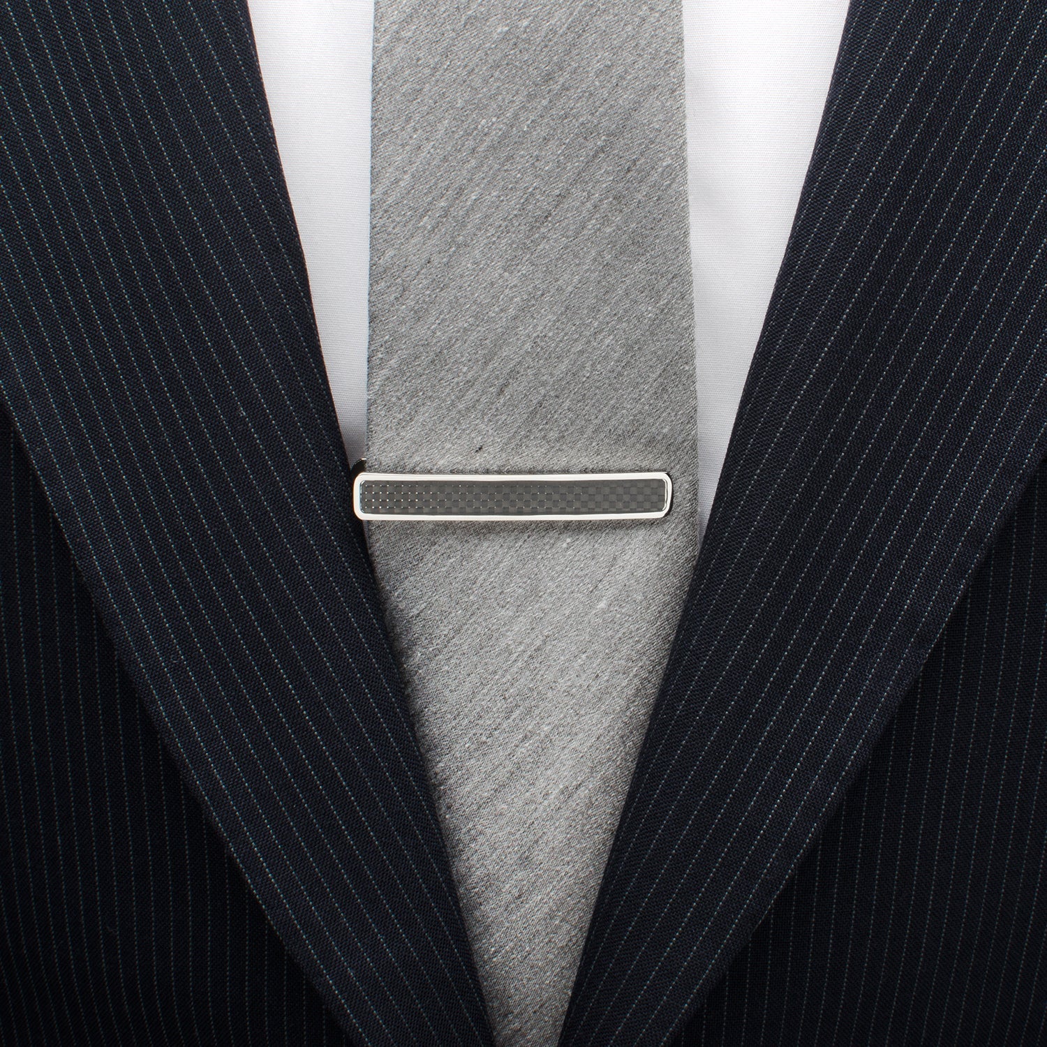 Black carbon fiber stainless steel tie clip angle view, groomsmen gift
