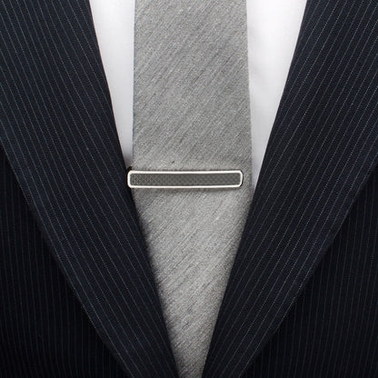 Black carbon fiber stainless steel tie clip angle view, groomsmen gift