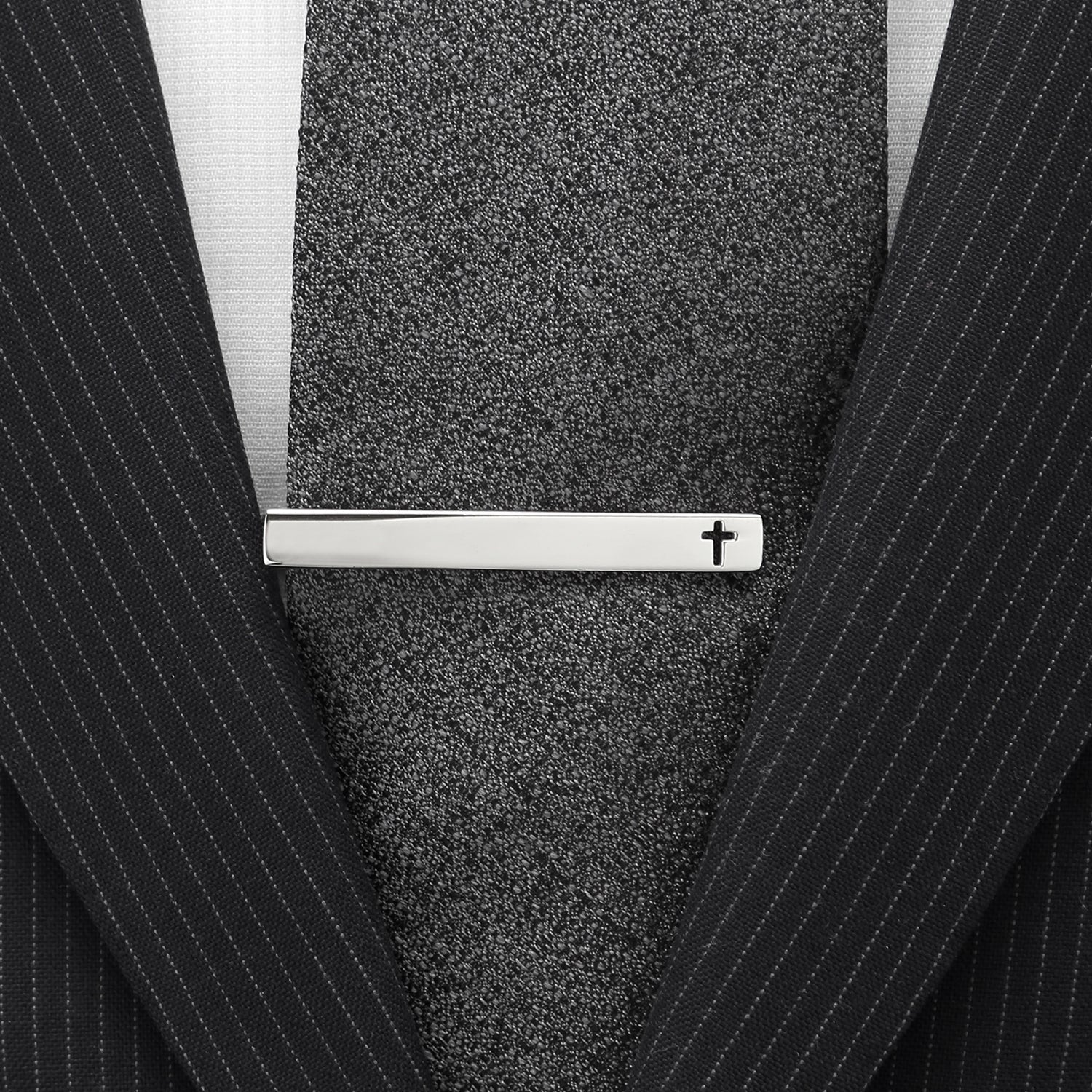 Cross cutout tie clip close-up, confirmation or wedding gift for him