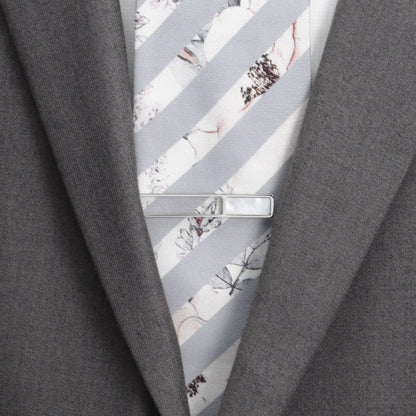 Mother of pearl die cut tie clip close-up, custom wedding gift