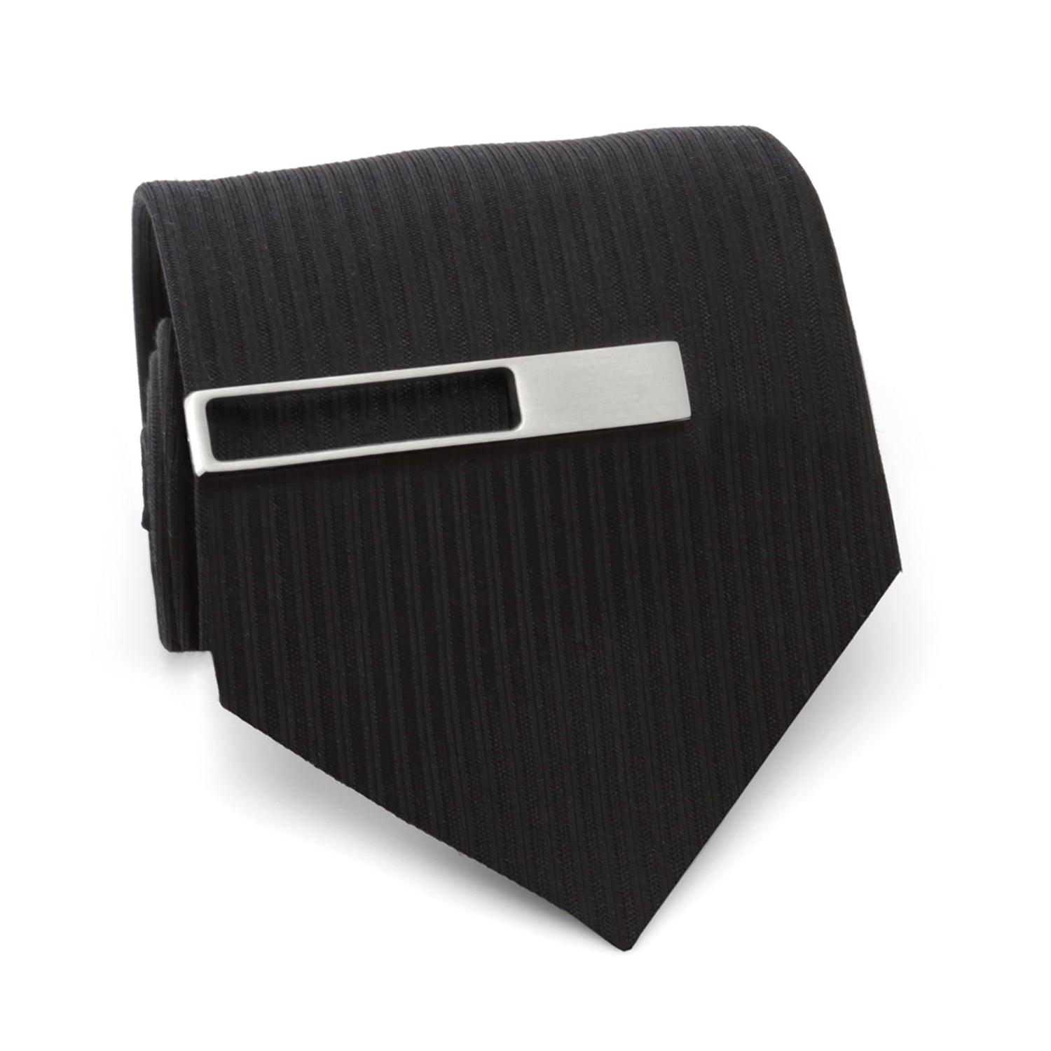 Die cut tie clip detail view of brushed metal finish, gift for him