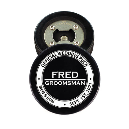 Circle Name & Wedding Party Role, Hockey Puck Bottle Opener