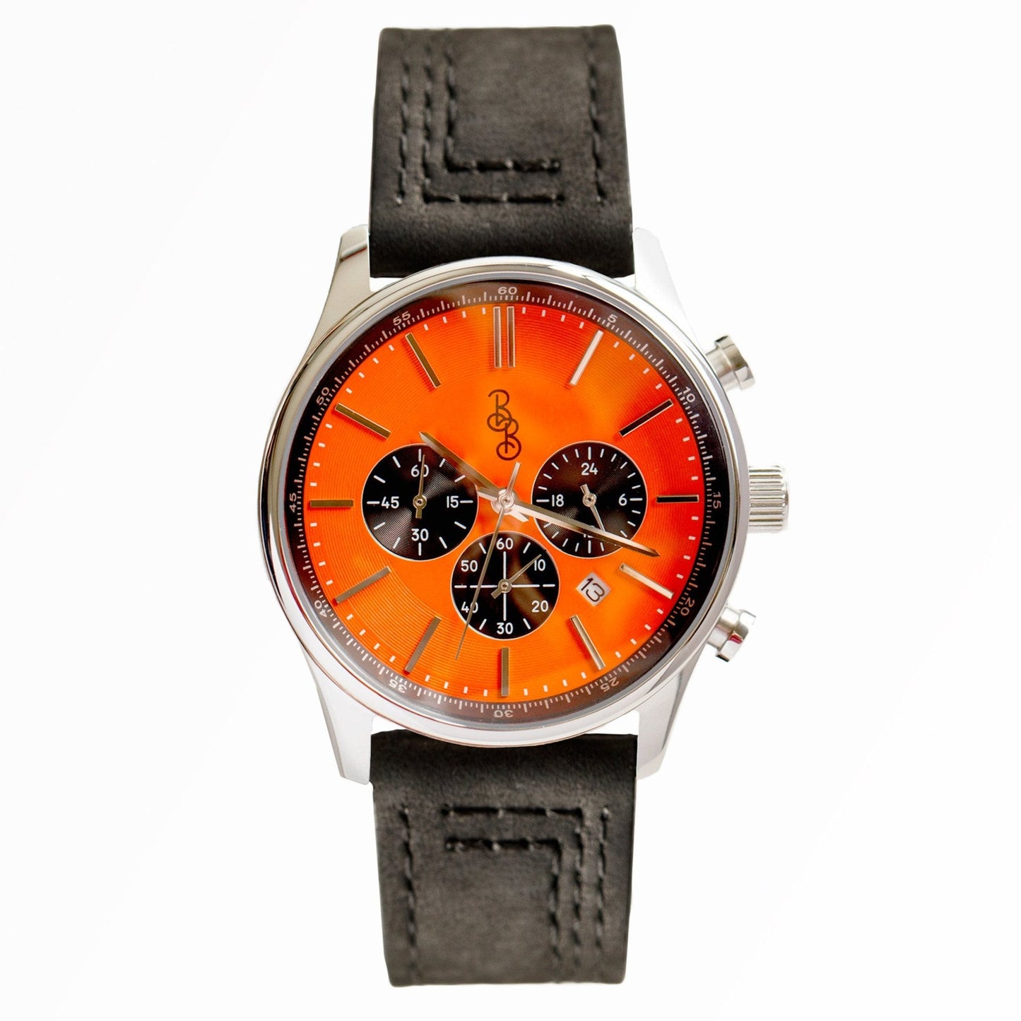 Orange and Black Chronograph on black leather strap, gift for him
