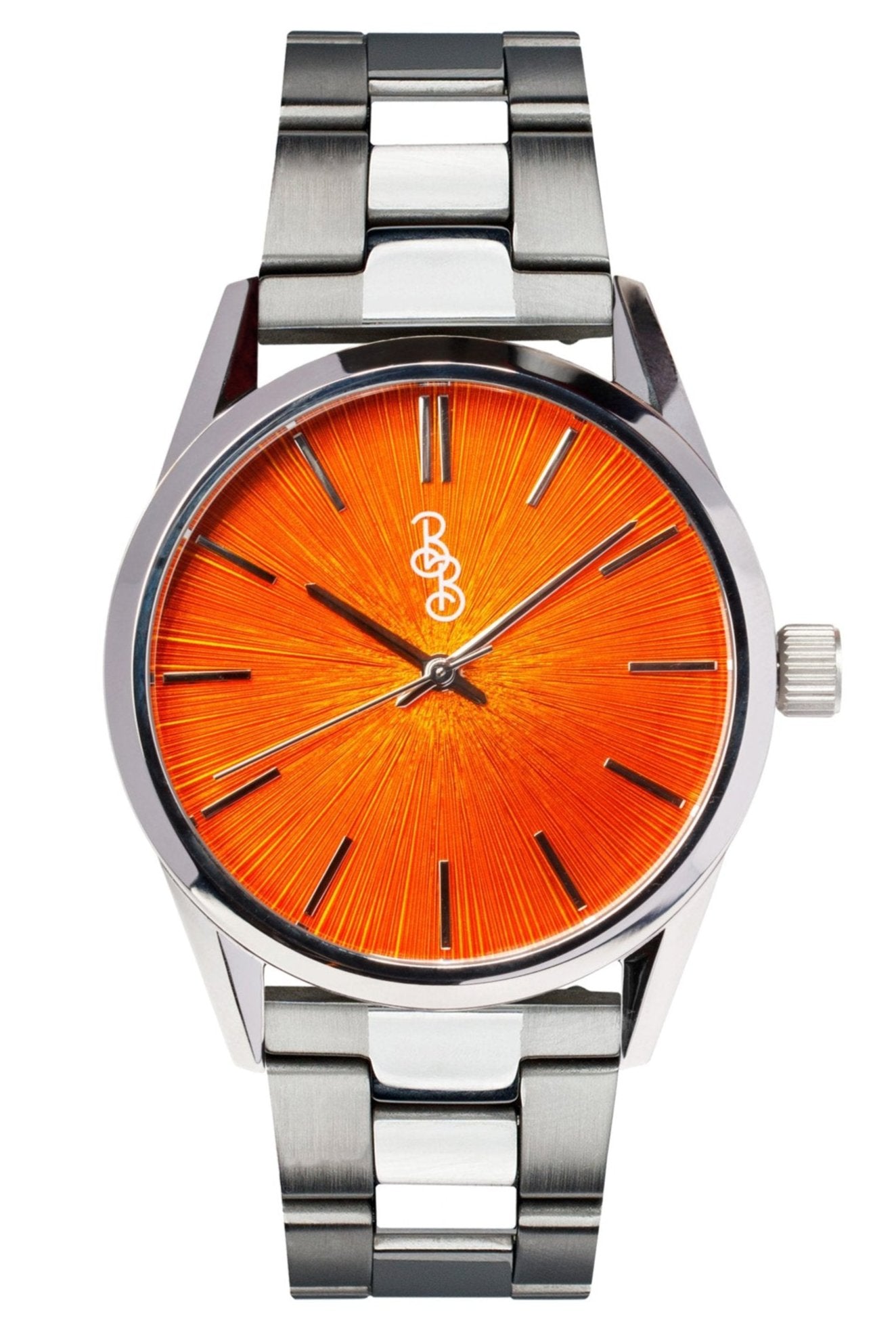 Orange Sunburst Watch on stainless steel bracelet, gift for him