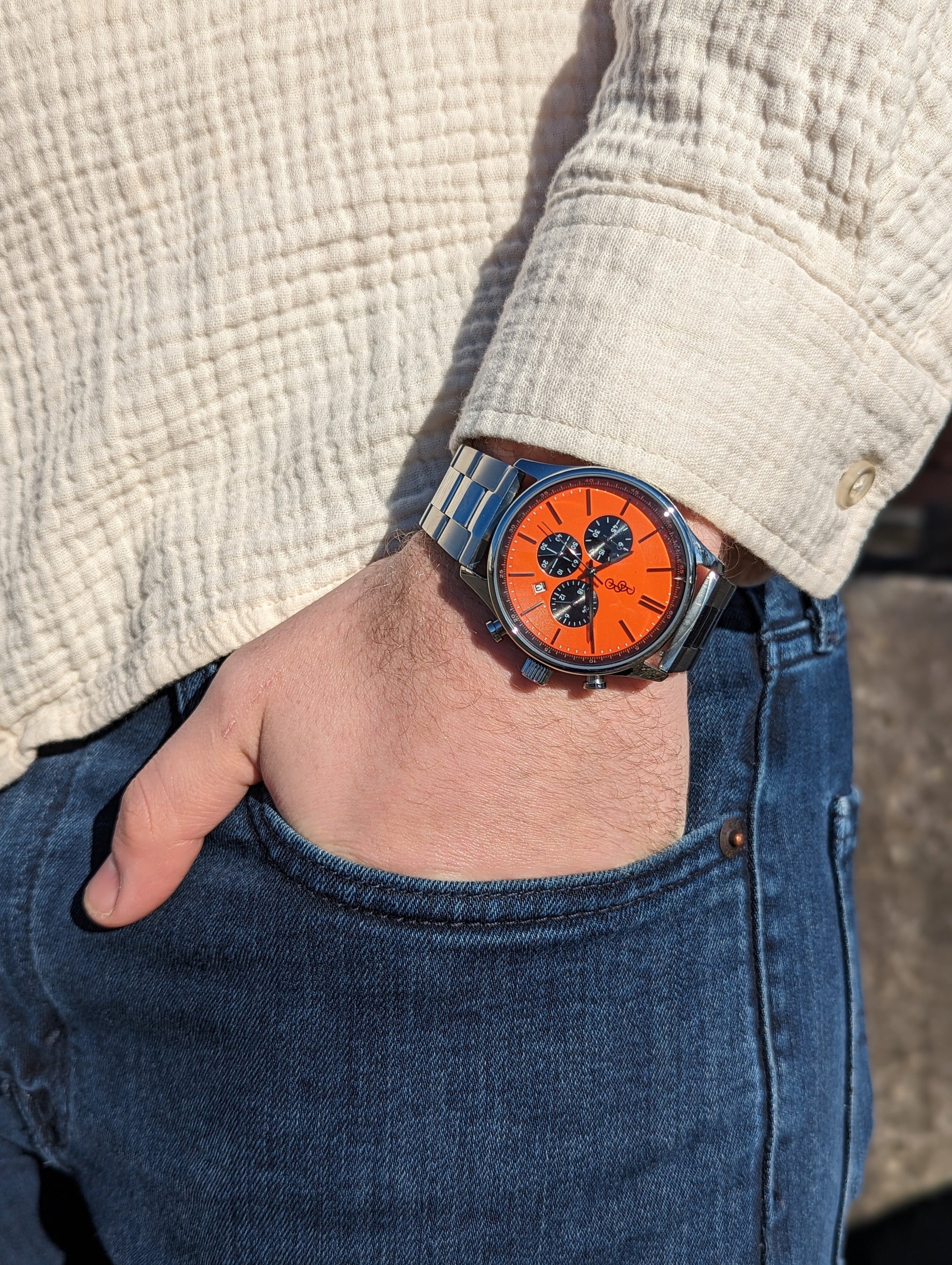Orange and Black Chronograph steel pocket shot, gift for the groom
