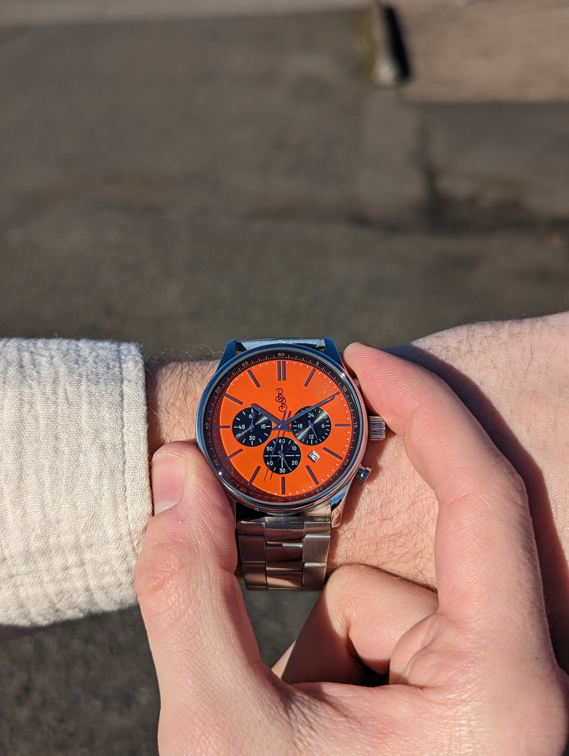 Orange and Black Chronograph on steel being set, gift for him