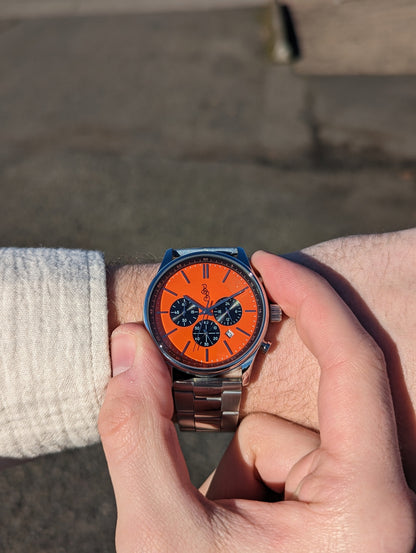 Orange and Black Chronograph on steel being set, gift for him