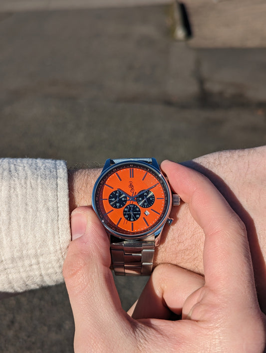 Orange and Black Chronograph on steel being set, gift for him