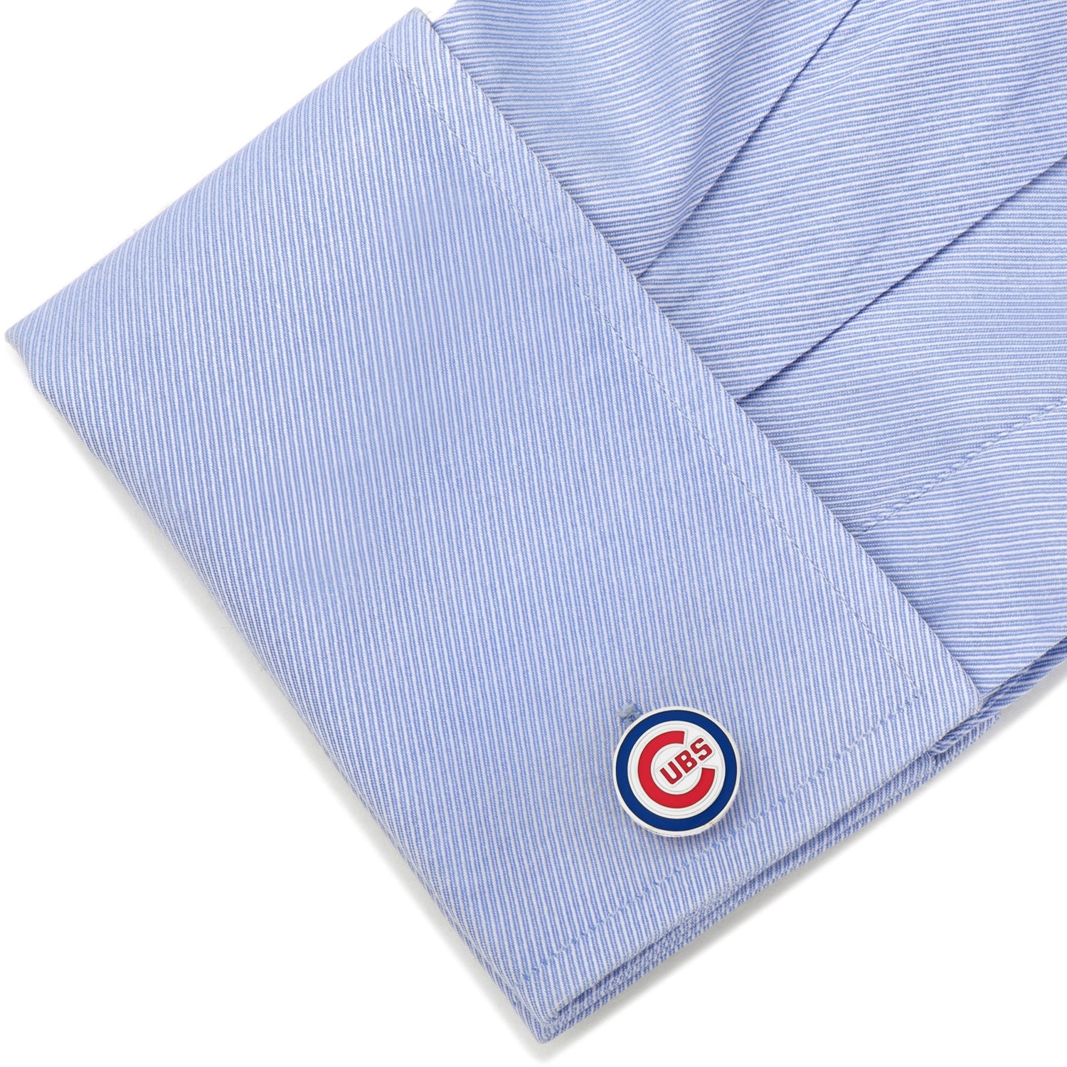 Cubs logo cufflink close-up, officially licensed MLB fan gift
