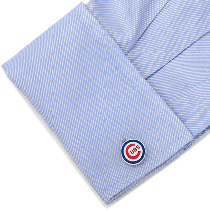 Cubs logo cufflink close-up, officially licensed MLB fan gift