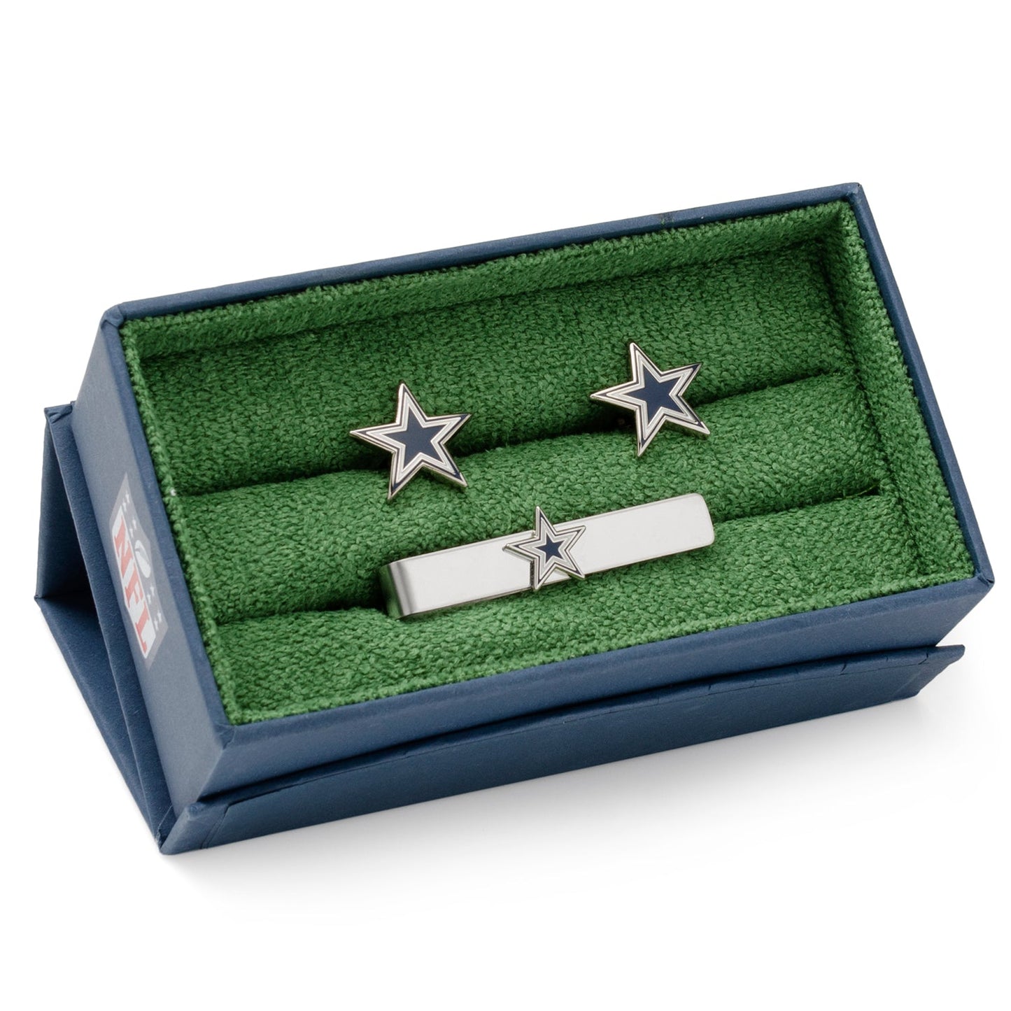Dallas Cowboys star cufflinks angle view, NFL football fan gift