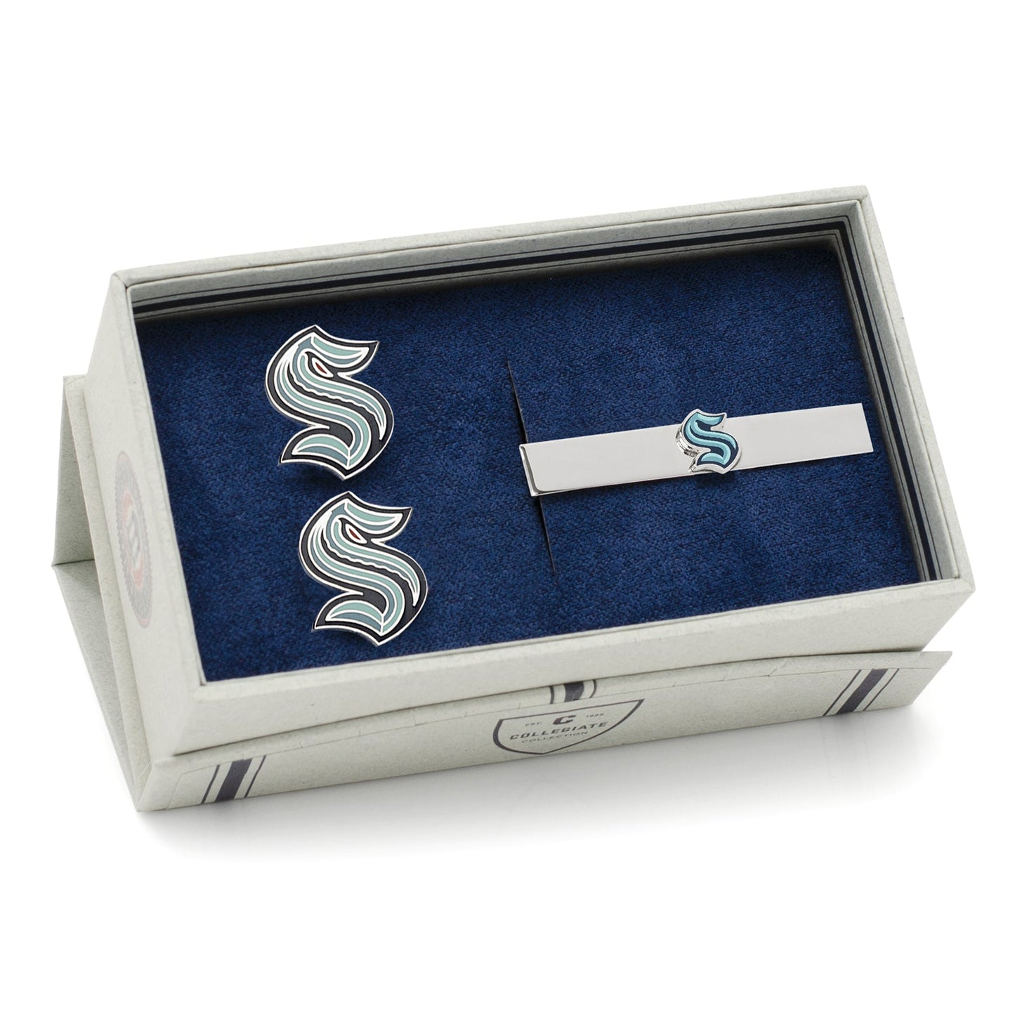 Seattle Kraken cufflinks close-up view, NHL hockey fan gift for him