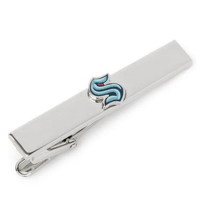 Seattle Kraken tie clip on necktie close-up, hockey fan gift