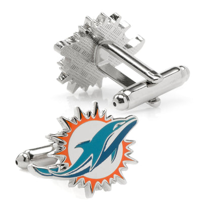 Dolphins logo cufflink close-up, officially licensed NFL gift
