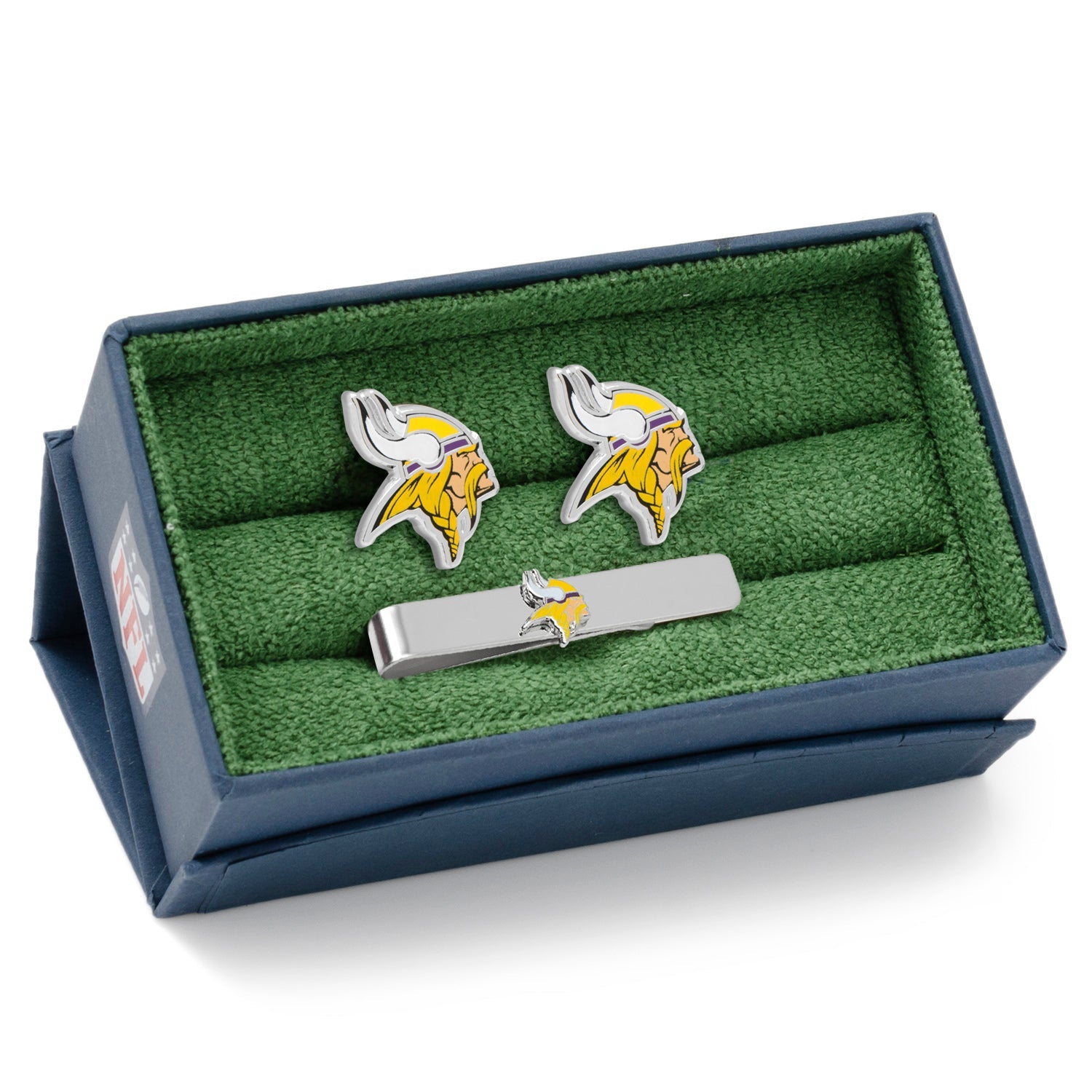 Vikings purple cufflinks angle view, NFL Minnesota football fan gift