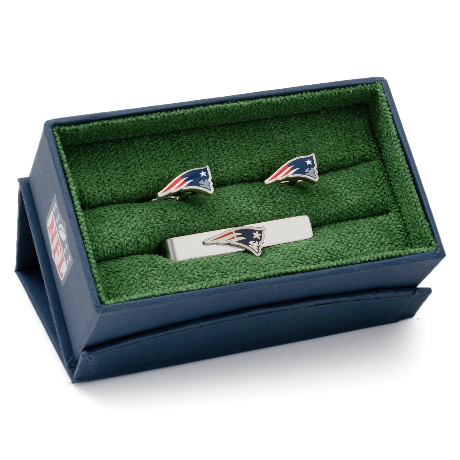 New England Patriots cufflinks angle view, NFL football fan gift