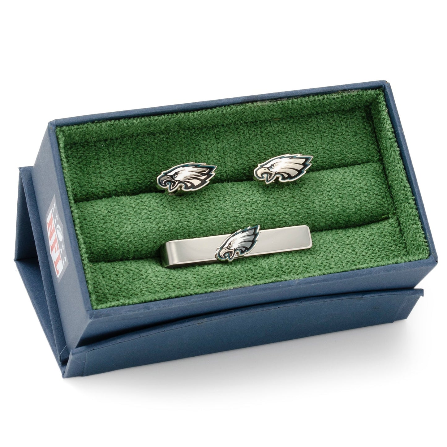 Eagles midnight green cufflinks angle view, NFL Philadelphia fan gift