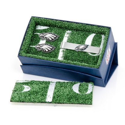 Eagles tie clip and cufflinks on dress shirt, officially licensed NFL