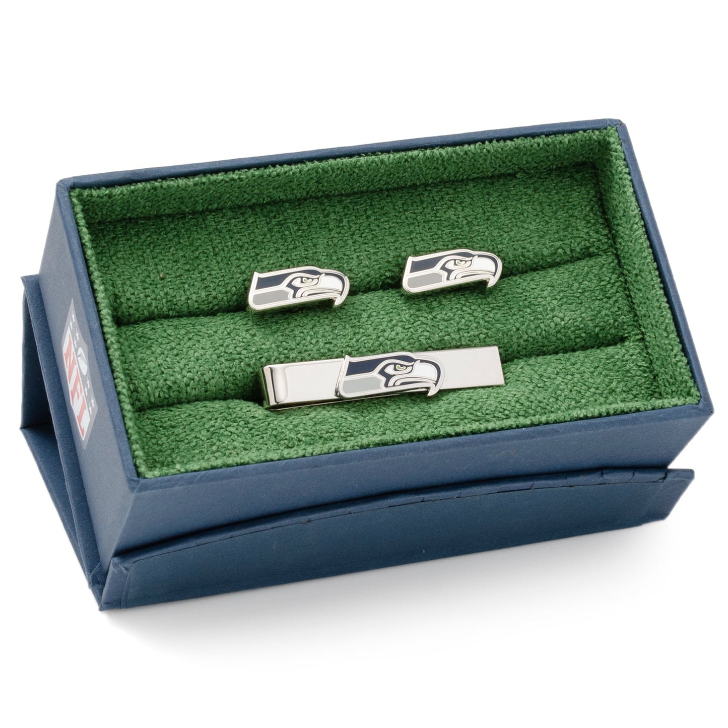 Seattle Seahawks navy cufflinks angle view, NFL football fan gift