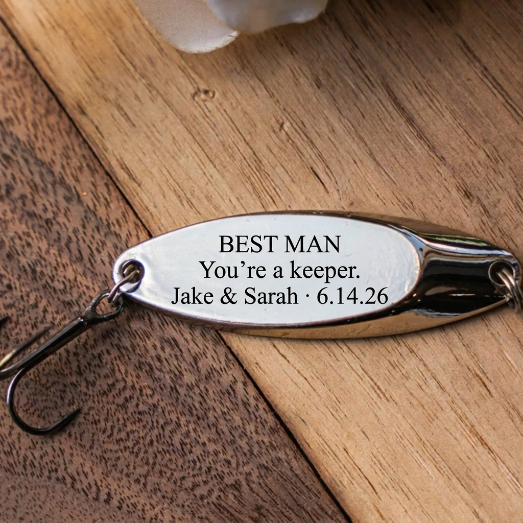 Custom engraved metal fishing lure with hook Father's Day gift view 1