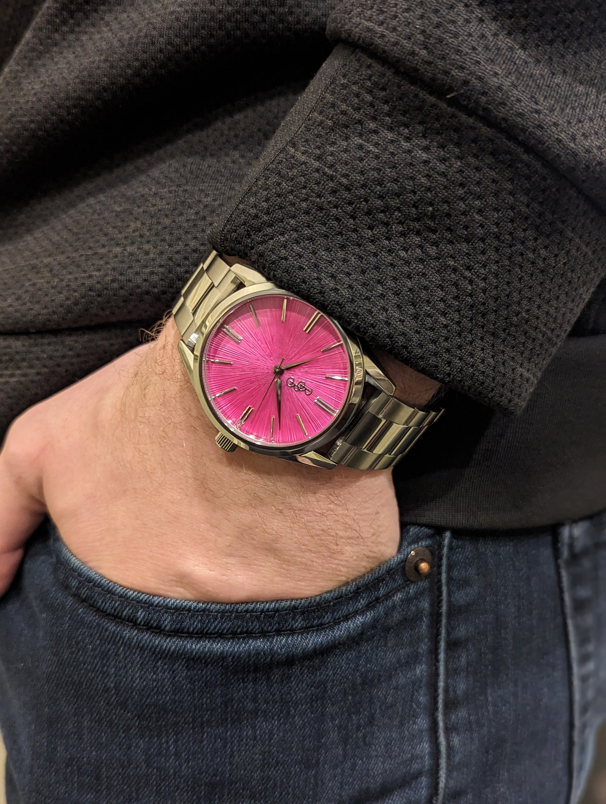 Pink Sunburst Watch on steel bracelet pocket shot, gift for her