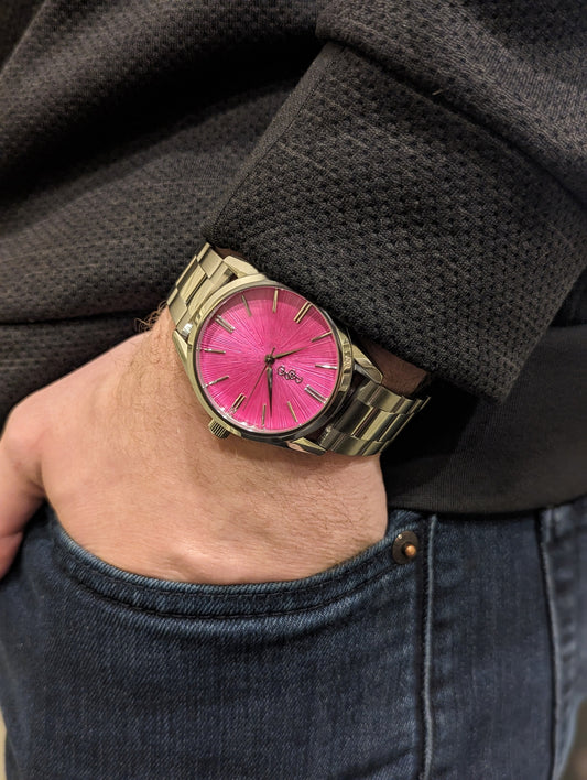 Pink Sunburst Watch on steel bracelet pocket shot, gift for her