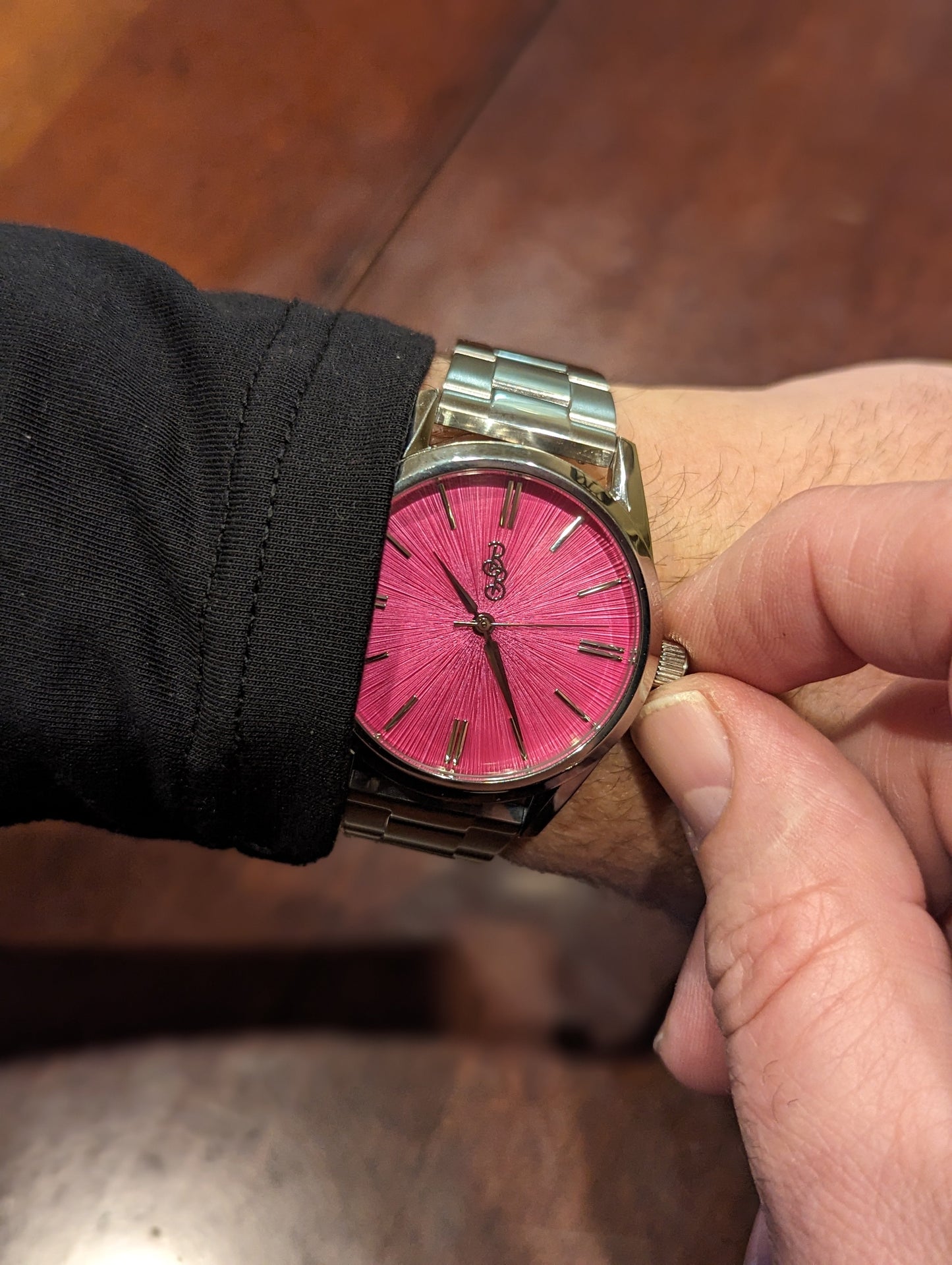 Pink Sunburst Watch on steel being set, gift for the bride
