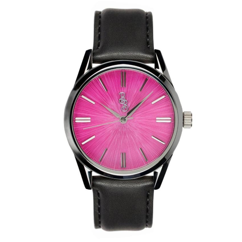 Pink Sunburst Watch on black leather strap, anniversary gift