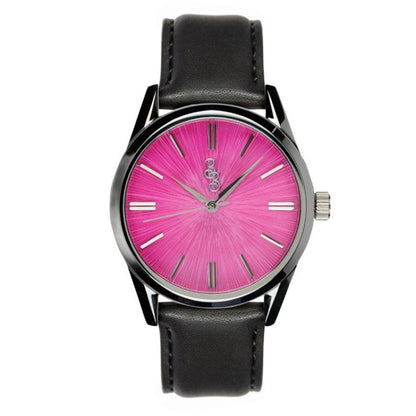 Pink Sunburst Watch on black leather strap, anniversary gift