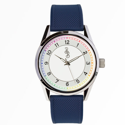 Rainbow Classic watch on blue silicone strap, fun gift for him