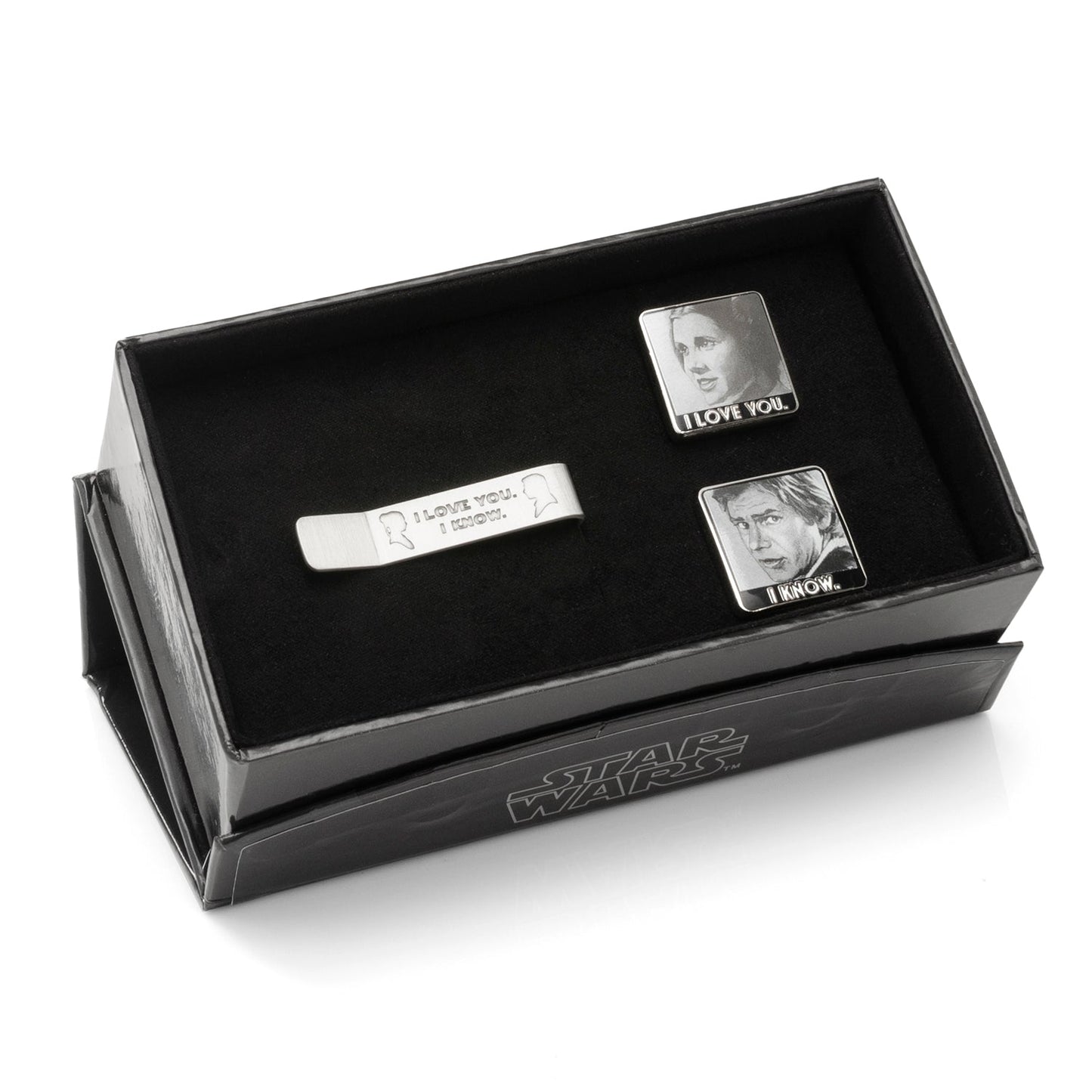 Leia and Han cufflinks and tie bar set angle view, Star Wars anniversary gift