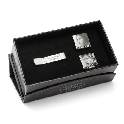 Leia and Han cufflinks and tie bar set angle view, Star Wars anniversary gift