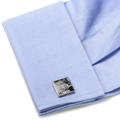 Star Wars cufflinks worn on shirt cuff with matching tie bar, fan gift