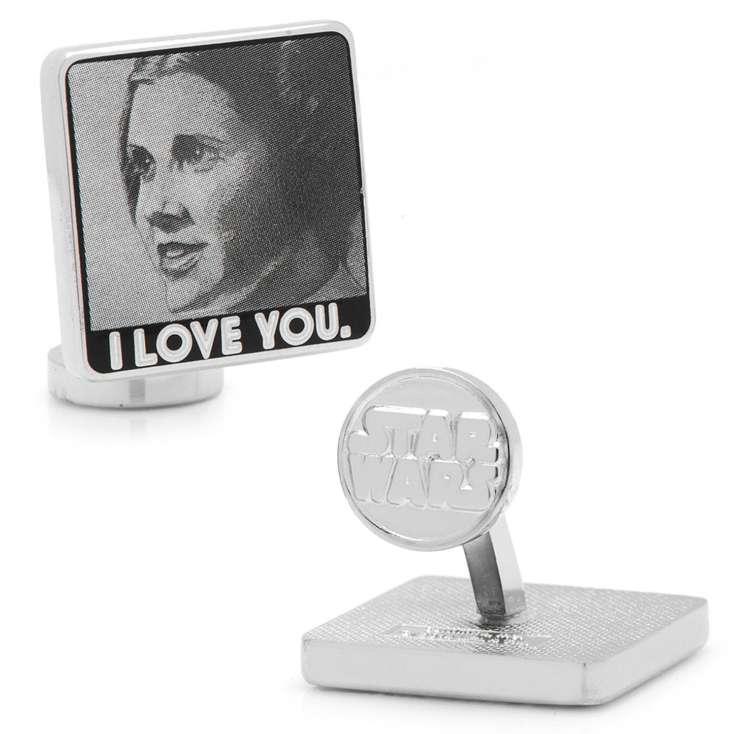 Tie bar hidden message close-up, Han Solo I Know engraving detail