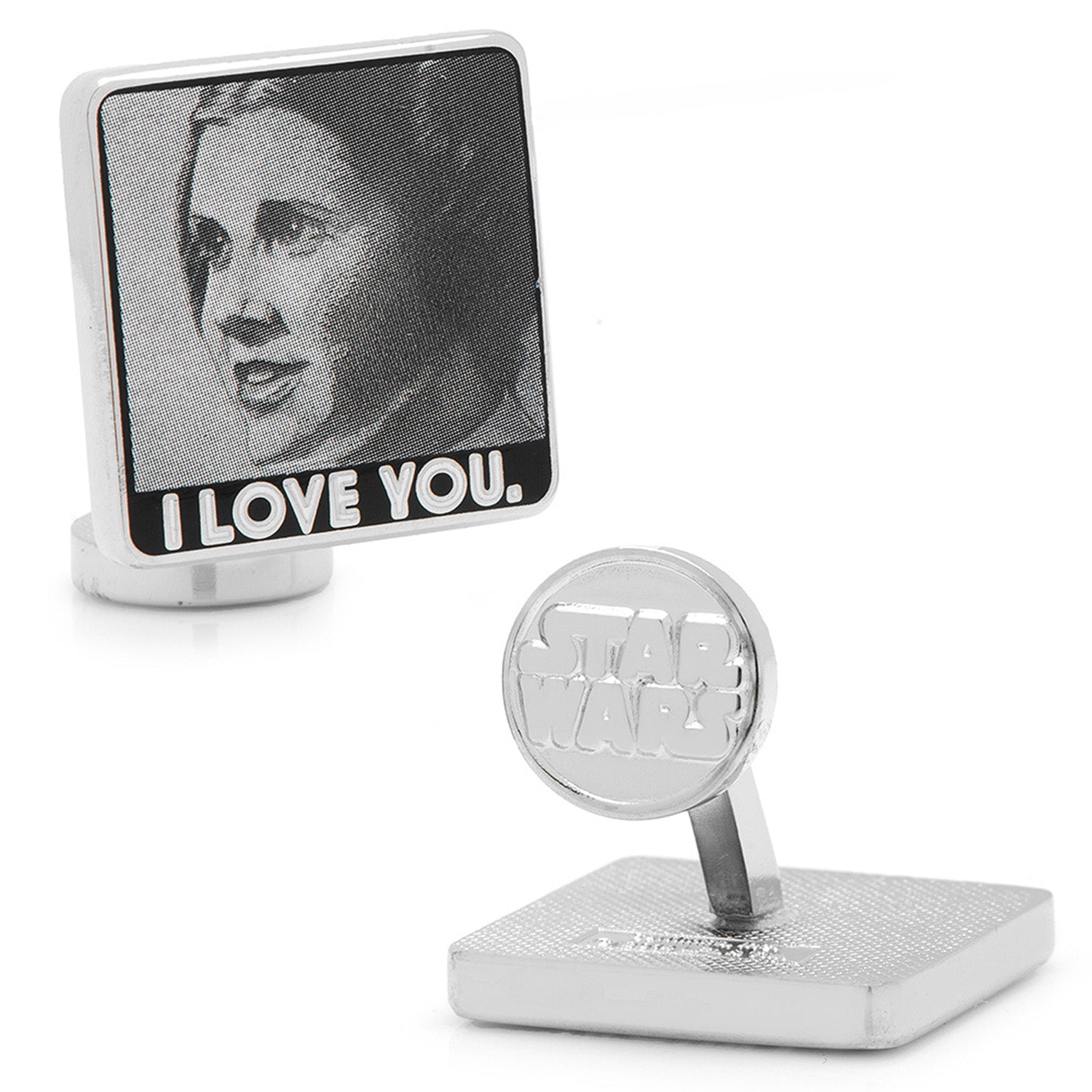 Tie bar hidden message close-up, Han Solo I Know engraving detail