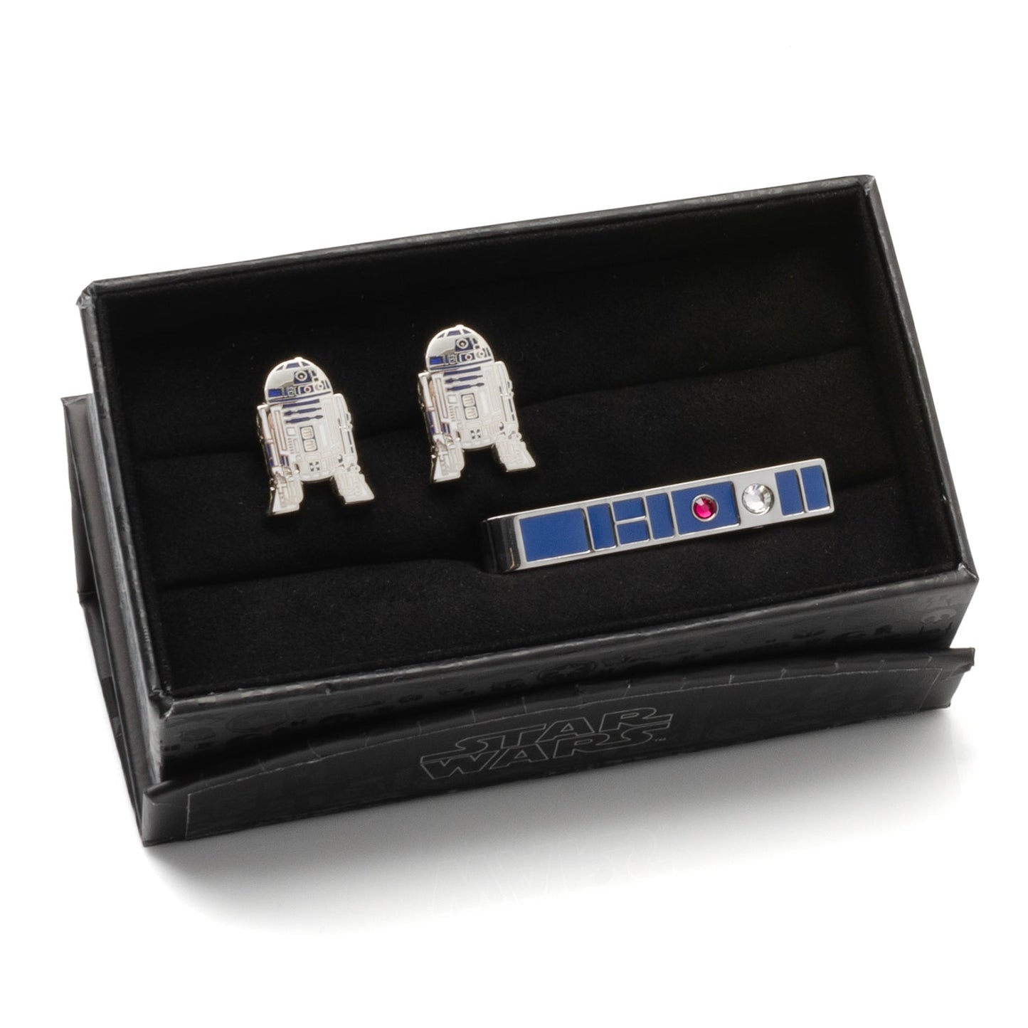 R2-D2 cufflinks and blue tie bar close-up, Father's Day gift for fans