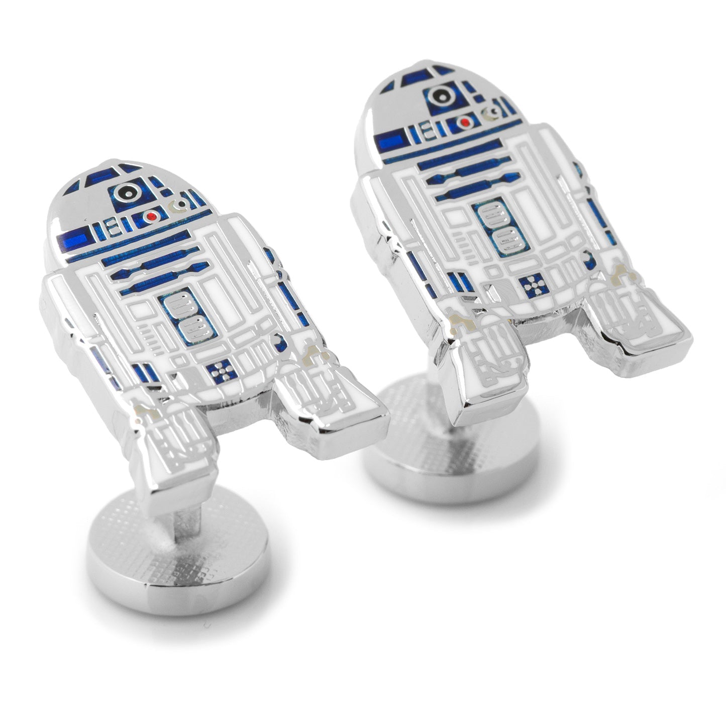 R2-D2 cufflinks and blue tie bar angle view, birthday gift for him