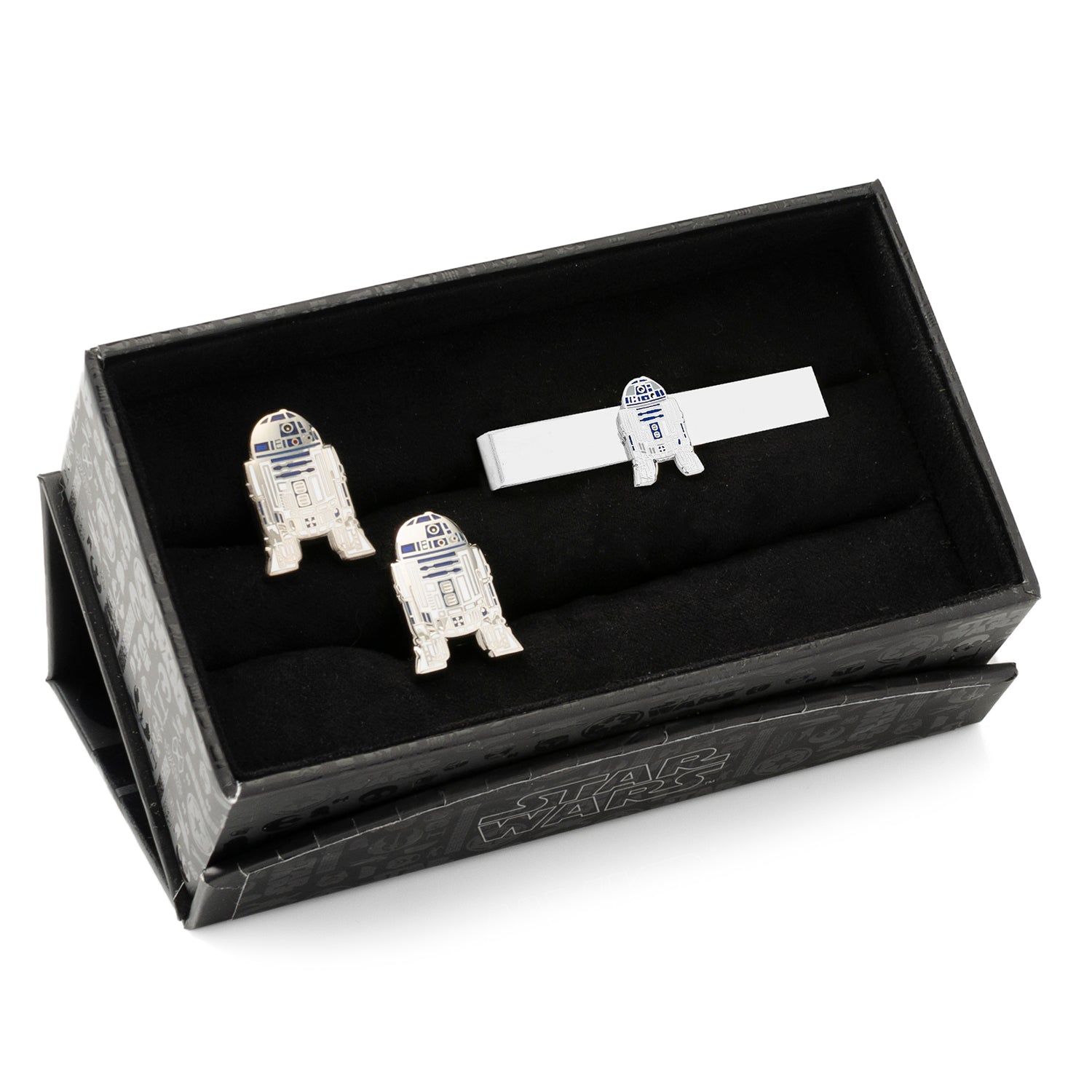 R2-D2 cufflinks and tie bar set close-up, Father's Day gift for fans