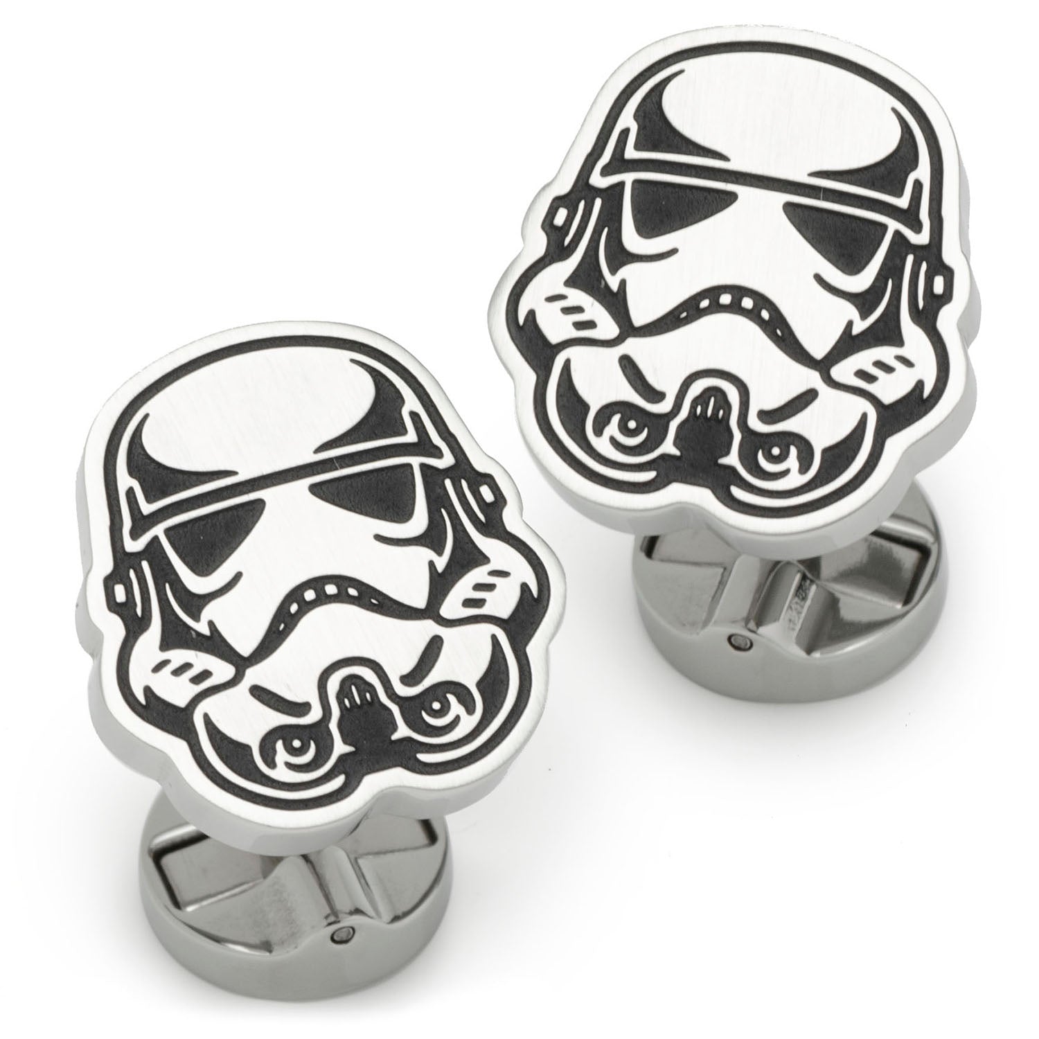 Stainless steel Stormtrooper cufflinks angle view, Star Wars fan gift