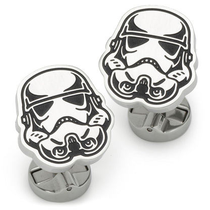 Stainless steel Stormtrooper cufflinks angle view, Star Wars fan gift