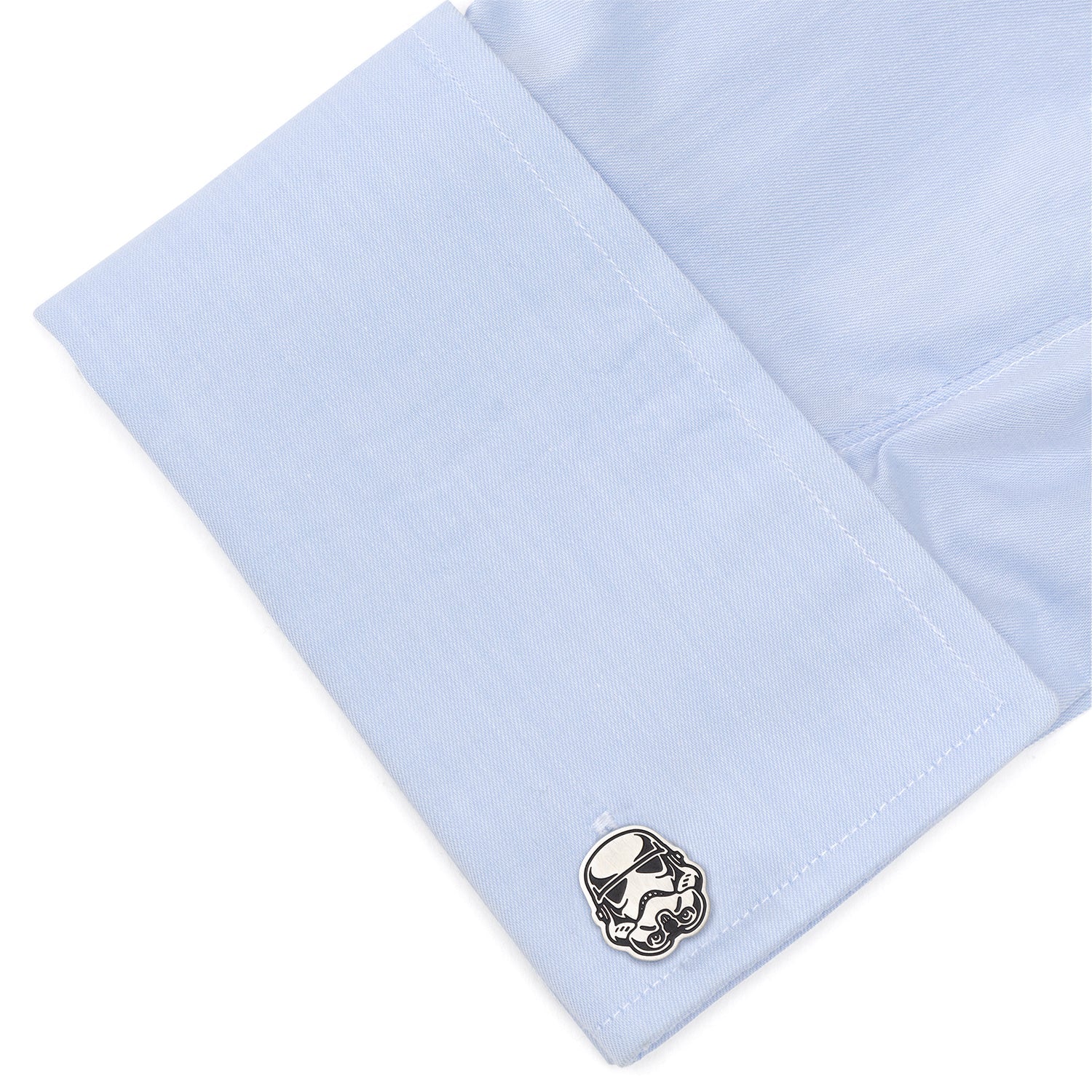 Stormtrooper stainless steel cufflinks on shirt cuff, officially licensed