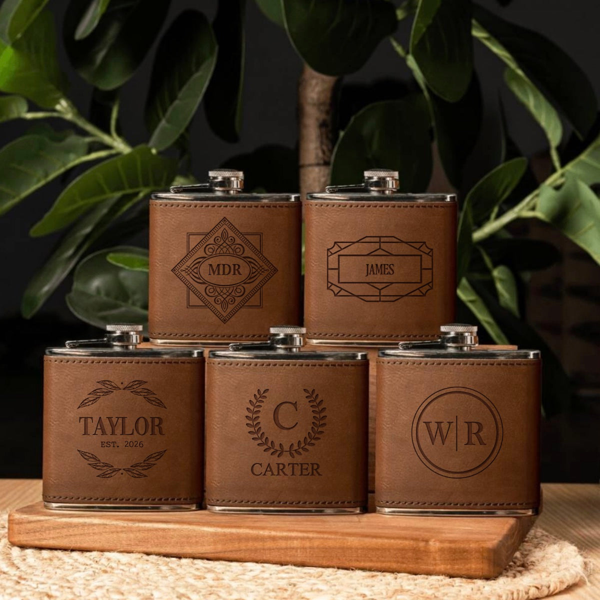 Set of 5 Groomsmen Leather Wrapped Stainless Flasks - Reserve Collection