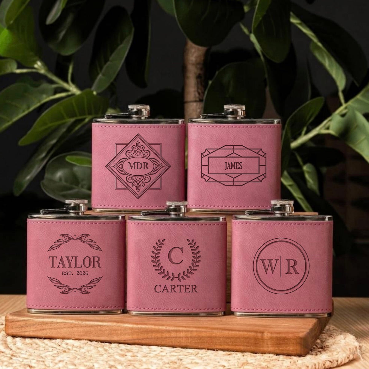 Set of 5 Groomsmen Leather Wrapped Stainless Flasks - Reserve Collection