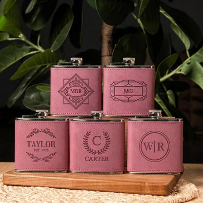 Set of 5 Groomsmen Leather Wrapped Stainless Flasks - Reserve Collection