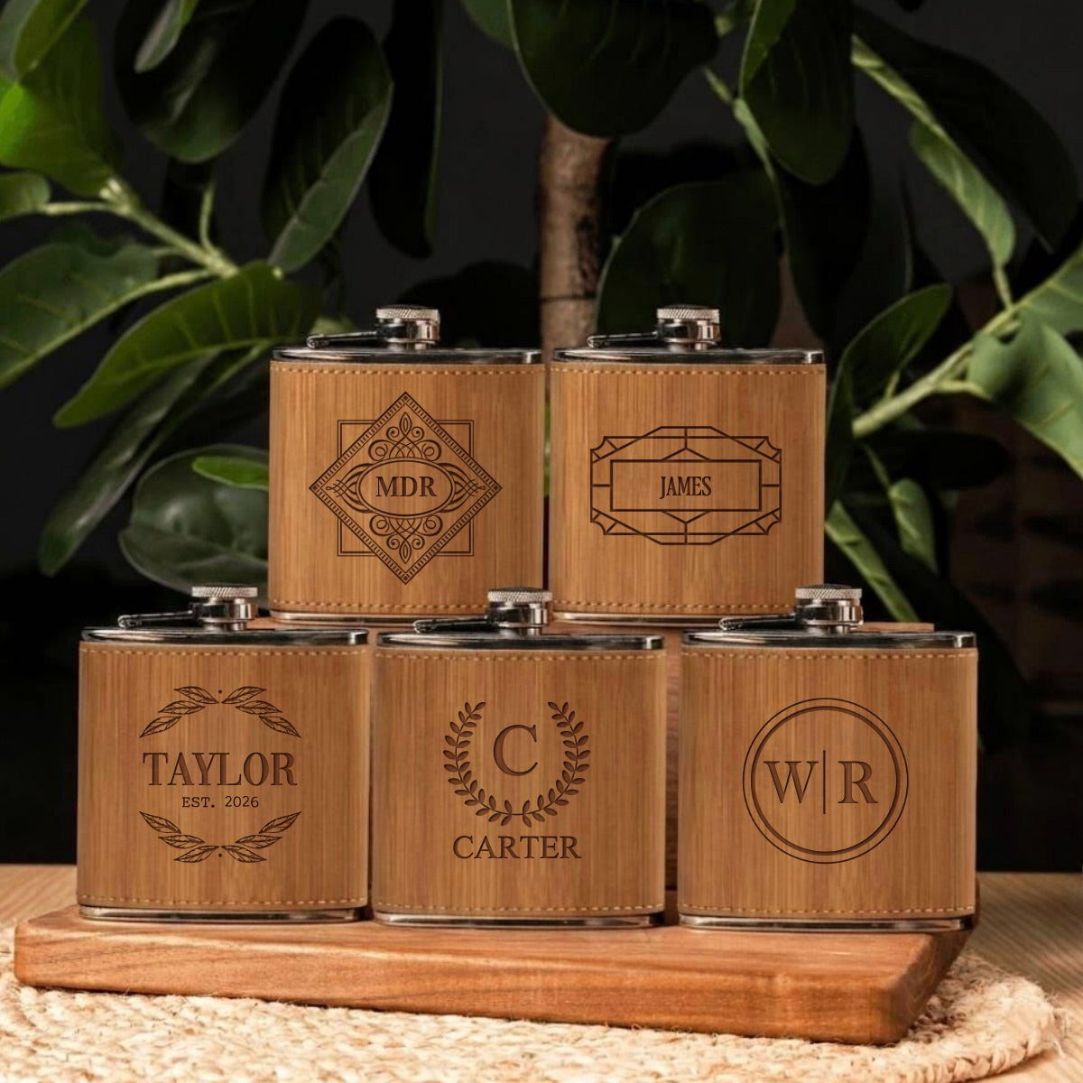 Set of 5 Groomsmen Leather Wrapped Stainless Flasks - Reserve Collection