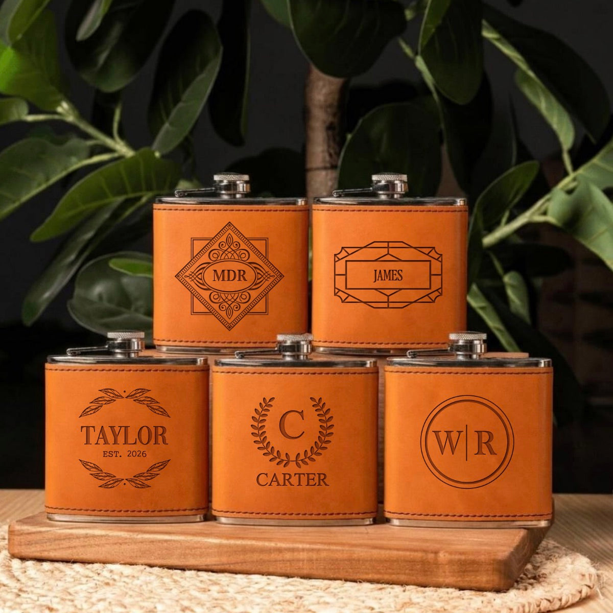 Set of 5 Groomsmen Leather Wrapped Stainless Flasks - Reserve Collection