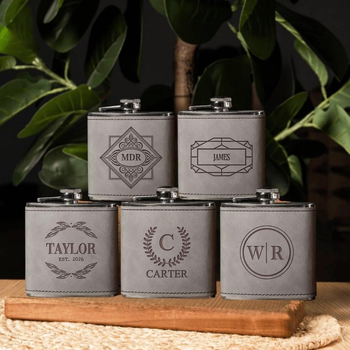 Set of 5 Groomsmen Leather Wrapped Stainless Flasks - Reserve Collection