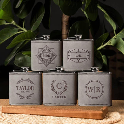 Set of 5 Groomsmen Leather Wrapped Stainless Flasks - Reserve Collection