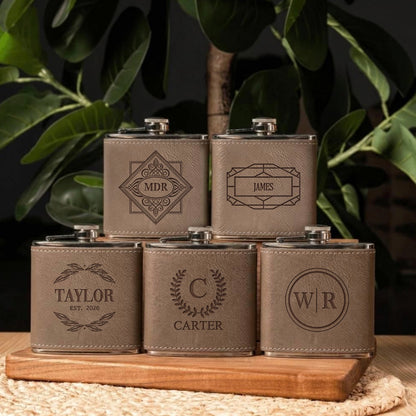 Set of 5 Groomsmen Leather Wrapped Stainless Flasks - Reserve Collection