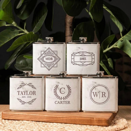 Set of 5 Groomsmen Leather Wrapped Stainless Flasks - Reserve Collection